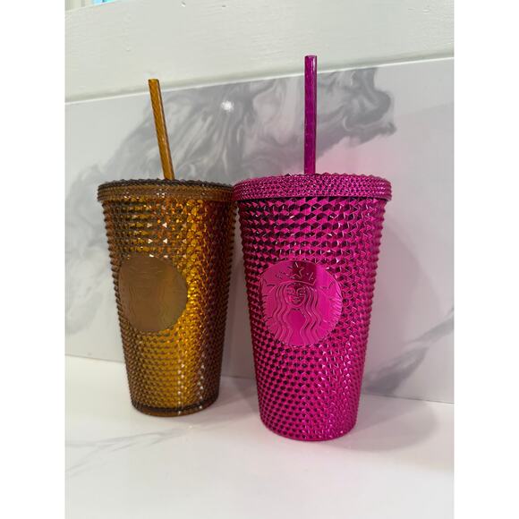 Starbuck's Sangria Bling Pink & Gold Copper Studded Tumblers Straws Holiday - Picture 4 of 6